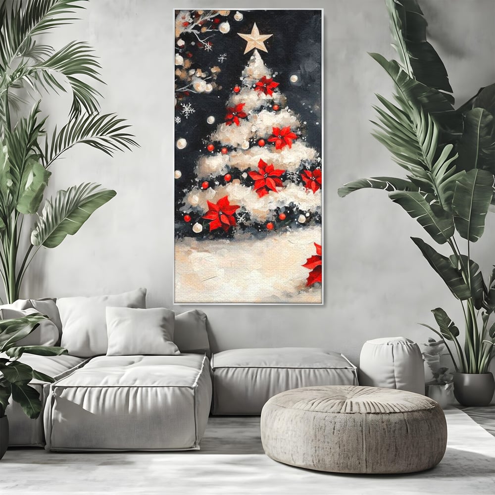 Tablou canvas cu tablou canvas cu brad de craciun pictat, in rama de aluminiu argintiu, pe perete intr-un living